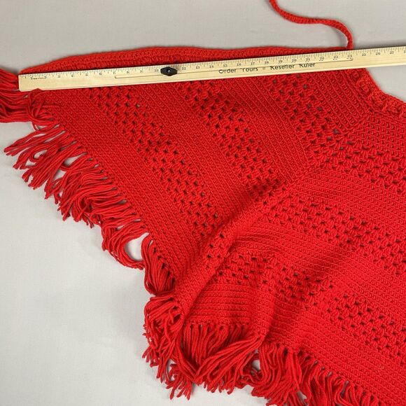 Vintage Large Hand Crochet Poncho Wrap with Fringes Women's Red Iconic Retro - Picture 12 of 16